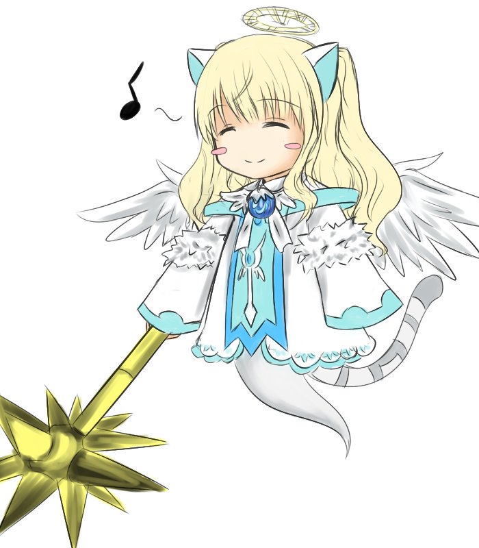 yukuri, nekomata shiro, emil chronicle online, 1girl, ^ ^, animal ears, blonde hair, blush stickers, cat ears, cat tail, closed eyes, dress, ghost girl, ghost tail, halo, holding, holding mace, holding weapon, mace, musical note, smile, solo, spiked mace, spikes, spoken musical note, tail, two side up, weapon, white background, white dress, white wings, wings