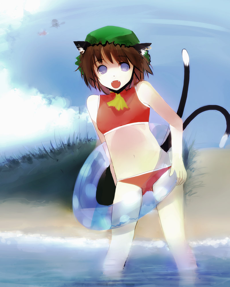 takashima, chen, touhou, 1girl, animal ears, beach, bikini, cat ears, cat girl, cat tail, earrings, female focus, hat, innertube, jewelry, nature, ocean, outdoors, plant, sky, solo, swim ring, swimsuit, tail, tankini