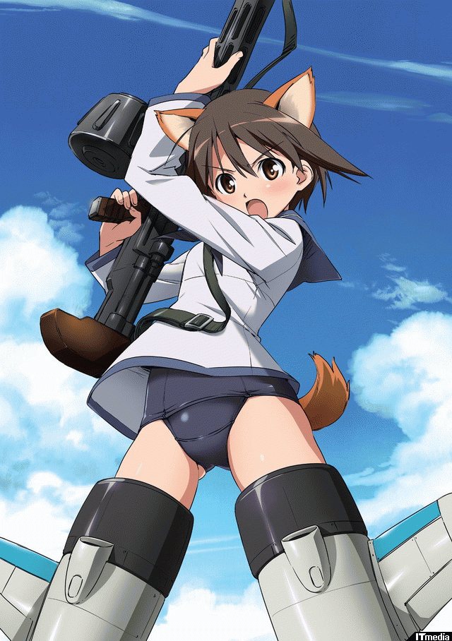 takamura kazuhiro, miyafuji yoshika, strike witches, world witches series, 00s, 1girl, angry, animal ears, brown eyes, brown hair, drum magazine, female focus, gun, high-capacity magazine, machine gun, magazine (weapon), mecha musume, no pants, one-piece swimsuit, school swimsuit, school uniform, short hair, solo, striker unit, swimsuit, swimsuit under clothes, tail, weapon