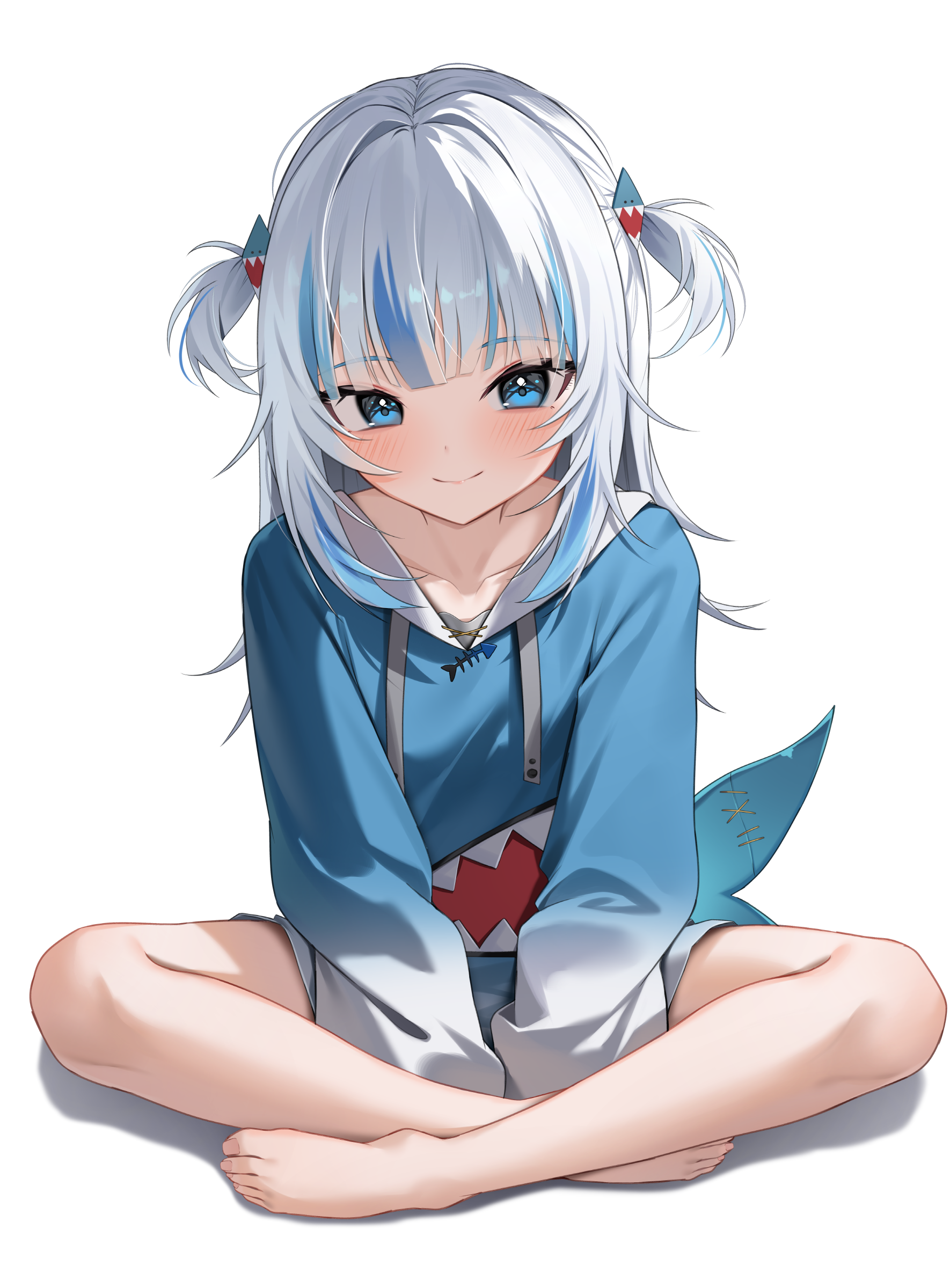 shuvi (shuvi1125), gawr gura, gawr gura (1st costume), hololive, hololive english, absurdres, highres, 1girl, barefoot, blue eyes, blue hair, blue hoodie, blush, closed mouth, feet, fins, fish tail, hood, hoodie, indian style, long hair, long sleeves, looking at viewer, multicolored hair, no pants, shark girl, shark tail, simple background, sitting, solo, streaked hair, tail, toes, two side up, virtual youtuber, white background, white hair