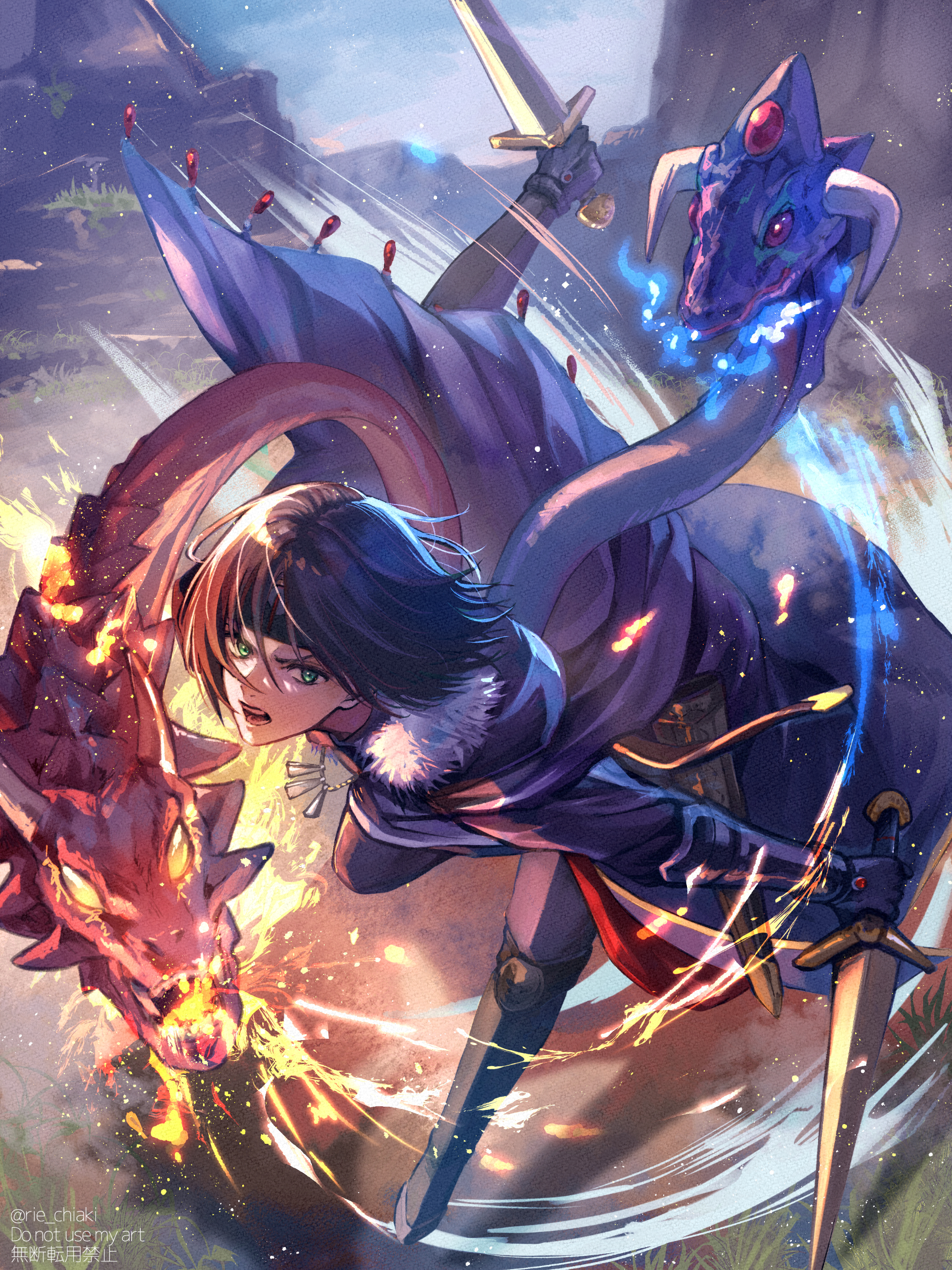 rie chiaki, ashton anchors, star ocean, star ocean: the second story, absurdres, highres, 1boy, arm up, boots, brown boots, brown hair, brown shoes, cape, character name, copyright name, dragon, dragon horns, dual wielding, fire, full body, fur trim, gloves, grass, green eyes, headband, holding, holding sword, holding weapon, horns, jewelry, looking at viewer, male focus, medium hair, mountain, necklace, open mouth, outdoors, purple cape, serious, sheath, shoes, short hair, sky, solo, sword, teeth, twitter username, watermark, weapon, yellow eyes