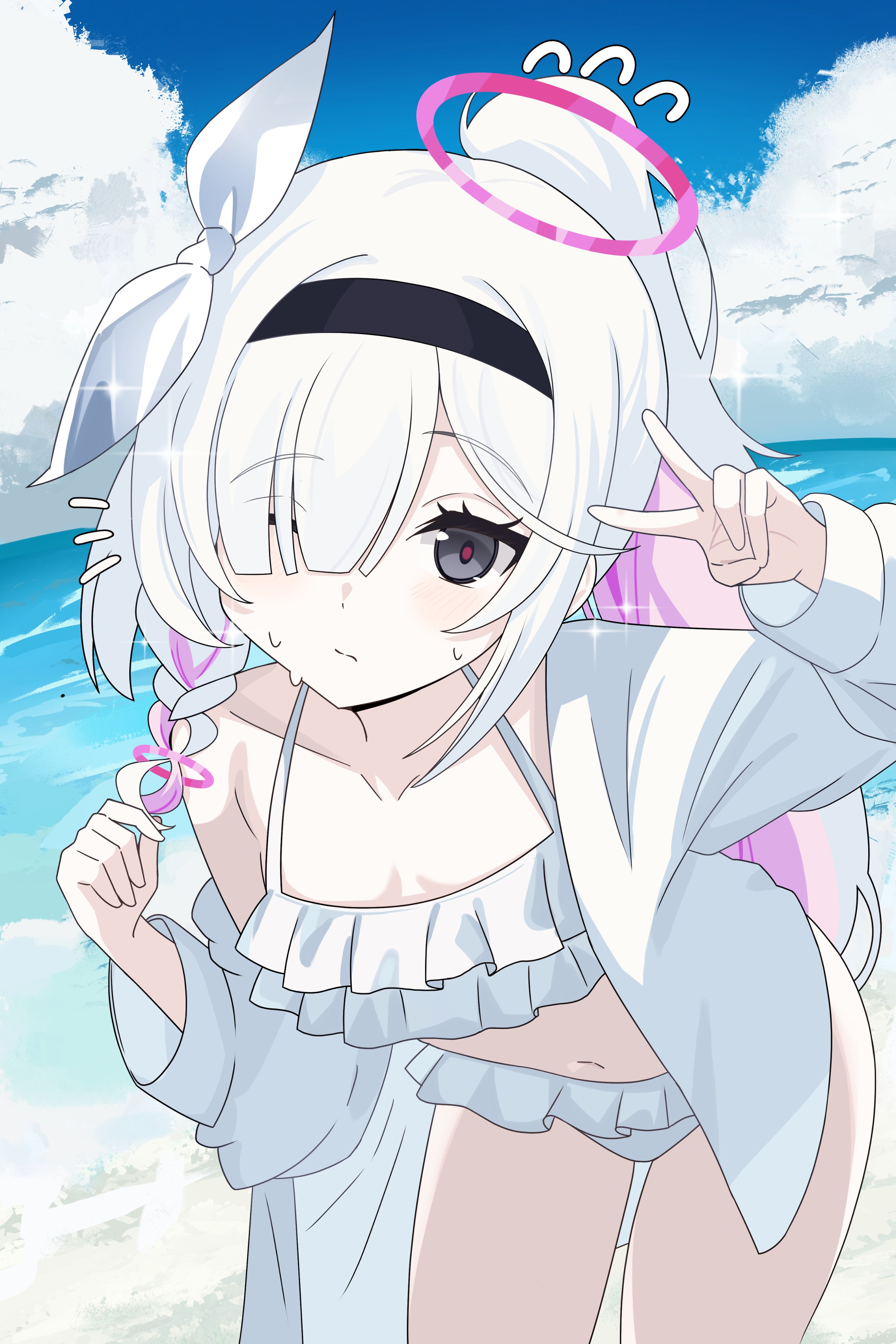 kanimiso30601, plana (blue archive), blue archive, absurdres, highres, 1girl, alternate costume, alternate hairstyle, beach, bikini, black hairband, blunt bangs, blush, bow, closed mouth, cloud, colored inner hair, cowboy shot, eyelashes, frilled bikini, frills, grey eyes, hairband, halo, jacket, long bangs, long hair, looking at viewer, multicolored hair, navel, off-shoulder bikini, off shoulder, outdoors, pink hair, pink halo, ponytail, swimsuit, v, very long hair, white bikini, white bow, white hair, white jacket