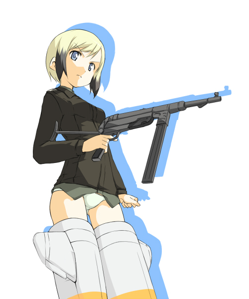 erica hartmann, strike witches, world witches series, 00s, 1girl, female focus, gun, multicolored hair, solo, striker unit, submachine gun, two-tone hair, weapon