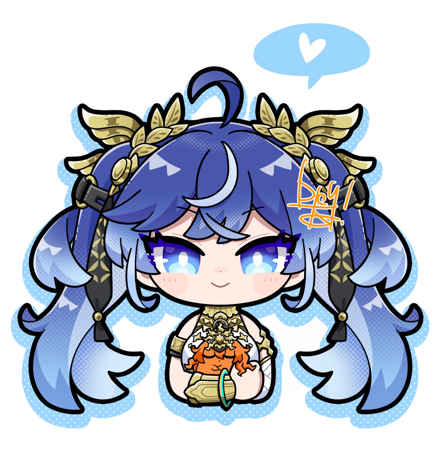 dog-san, augusta (wuthering waves), wuthering waves, commentary, highres, symbol-only commentary, 1girl, ahoge, animalization, armlet, bare shoulders, blue eyes, blue hair, breasts, bright pupils, chibi, chibi only, closed mouth, cropped torso, gradient hair, hair belt, head wreath, headgear, heart, holding, jewelry, long hair, looking at viewer, medium breasts, multicolored hair, simple background, smile, solo, spoken heart, straight-on, streaked hair, twintails, white background, white pupils