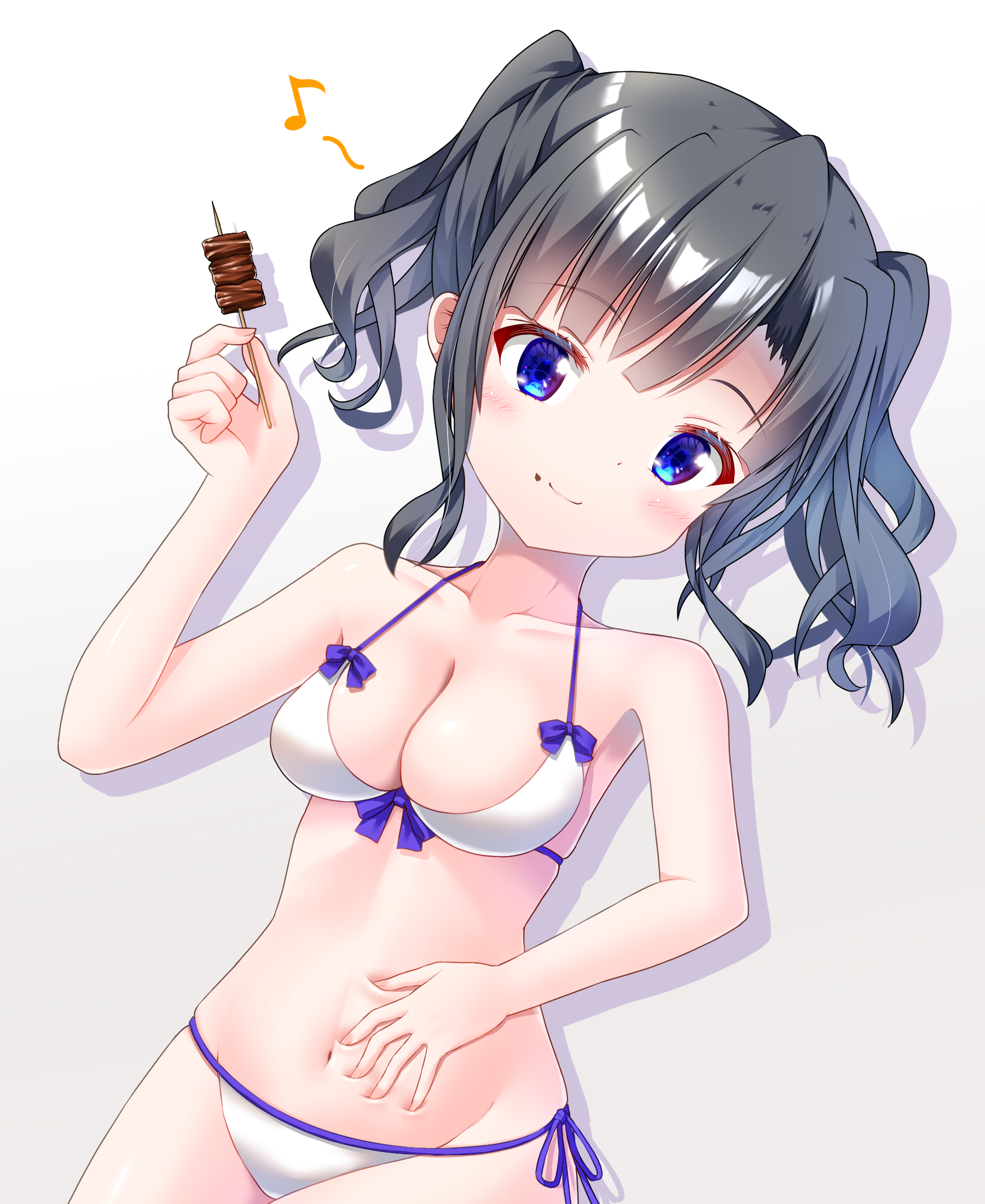 getsuyoshi, itsumura yukari, re:stage!, commentary, highres, 1girl, bikini, black hair, blue eyes, blush, bow, bow bikini, breasts, cleavage, closed mouth, collarbone, cowboy shot, dot nose, eating, food, food on face, groin, hand on own stomach, hand up, holding, holding skewer, looking at viewer, meat, medium breasts, musical note, navel, short twintails, side-tie bikini bottom, simple background, skewer, skindentation, smile, solo, spoken musical note, string bikini, swimsuit, twintails, white background, white bikini