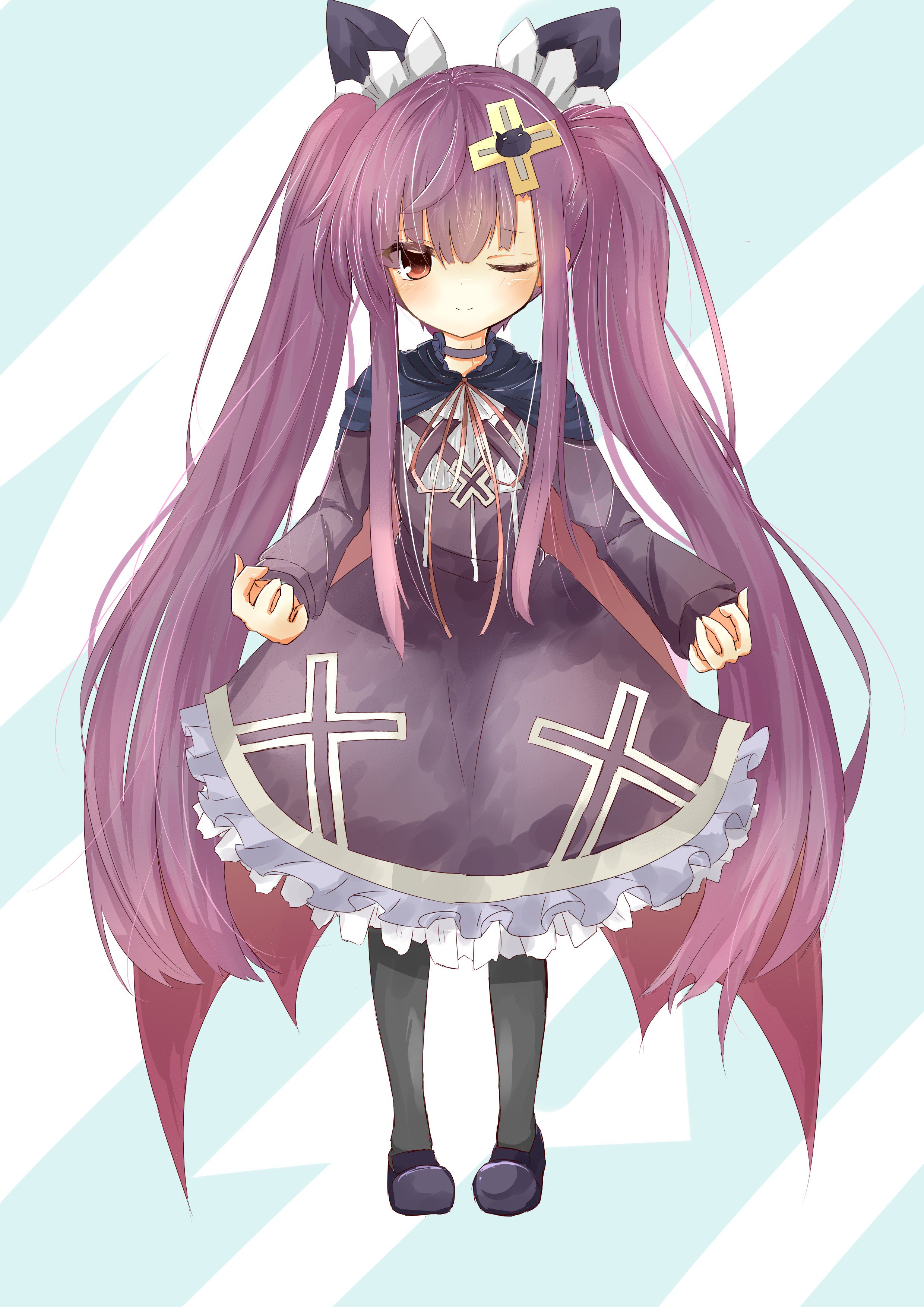 rano u rabe, alucard lore, emil chronicle online, absurdres, highres, 1girl, black boots, black bow, black cloak, black thighhighs, boots, bow, cloak, cross hair ornament, dress, frilled bow, frilled dress, frills, hair bow, hair ornament, long hair, one eye closed, purple dress, purple eyes, purple hair, red cloak, simple background, solo, thighhighs, twintails, two-sided cloak, two-sided fabric, vampire