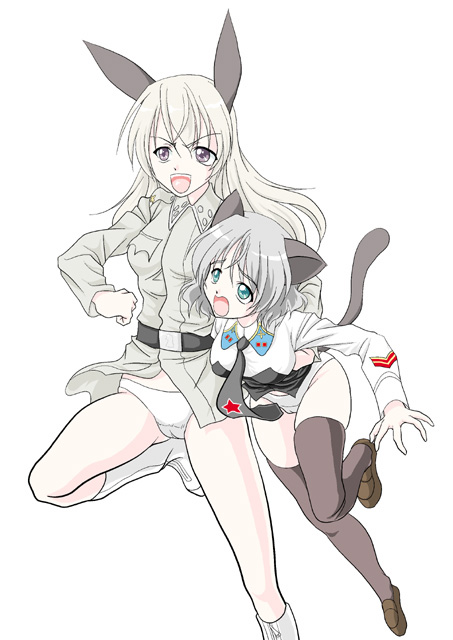 shinozuka atsuto, eila ilmatar juutilainen, sanya v. litvyak, strike witches, world witches series, bad id, bad pixiv id, 00s, 2girls, animal ears, multiple girls, simple background