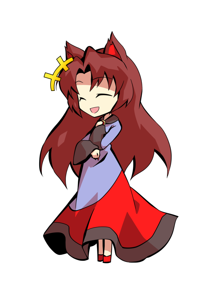 dairi, imaizumi kagerou, touhou, commentary request, large variant set, variant set, 1girl, :d, ^ ^, animal ears, black dress, boots, brown hair, closed eyes, deformed, dress, facing ahead, full body, hands up, long dress, long hair, multicolored dress, open mouth, red boots, red brooch, red dress, simple background, smile, solo, standing, tachi-e, talking, transparent background, white dress, wolf ears, wolf girl