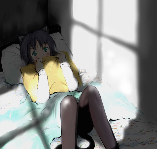 voyon, sanya v. litvyak, strike witches, world witches series, 00s, 1girl, animal ears, bed, black pantyhose, female focus, hugging object, indoors, lying, pantyhose, pillow, pillow hug, shade, solo, tail