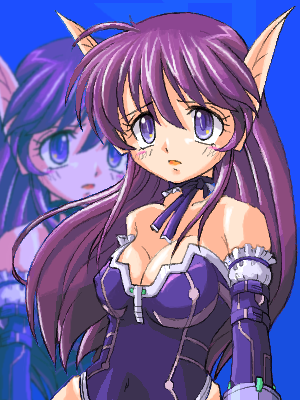 nei, phantasy star, phantasy star ii, sega, lowres, blue background, choker, elbow gloves, gloves, leotard, oekaki, pointy ears, purple eyes, purple hair, ribbon