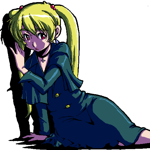 lowres, 1girl, blonde hair, female focus, oekaki, solo, thick eyebrows, twintails