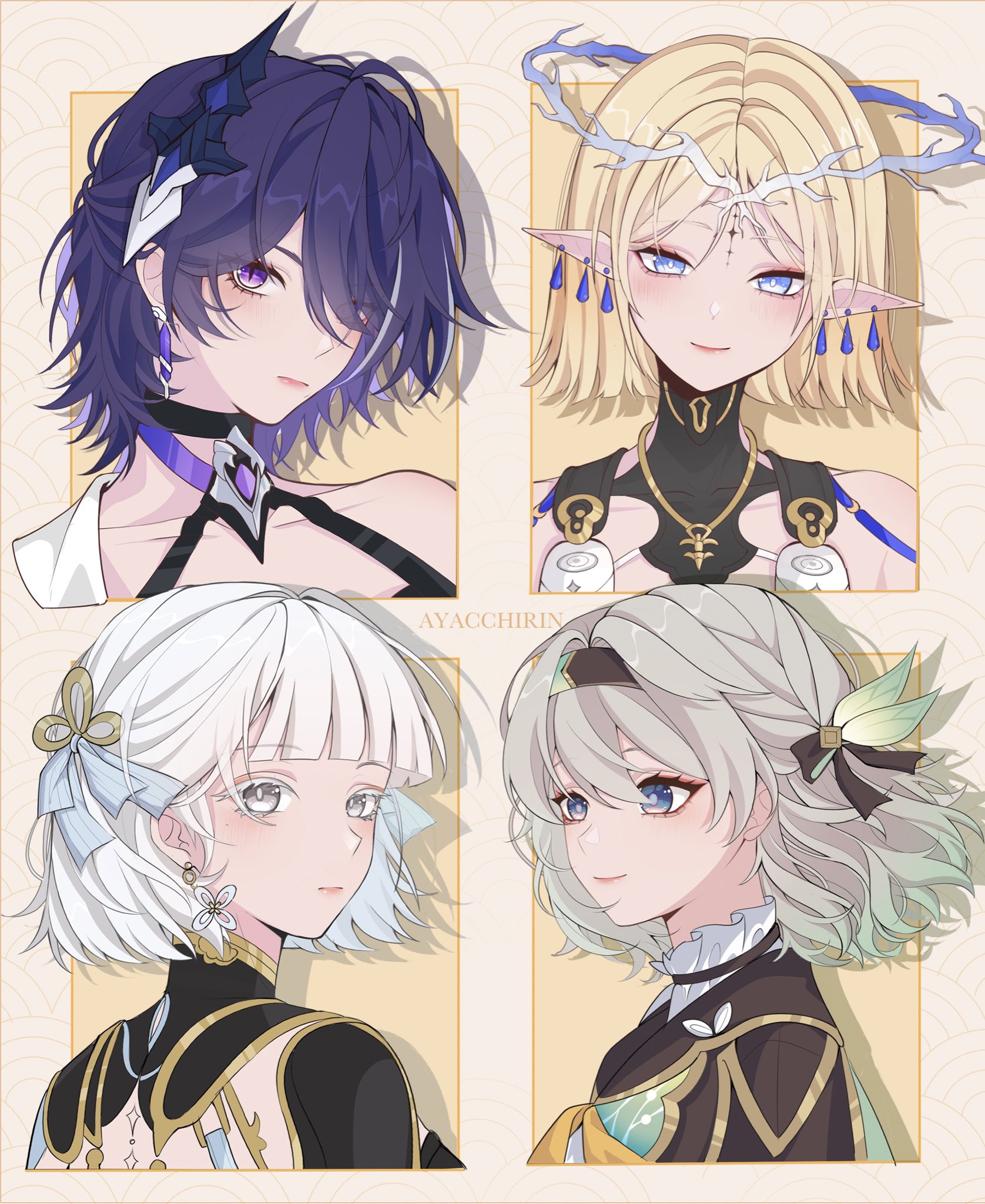 ayacchirin, acheron (honkai: star rail), cartethyia (wuthering waves), firefly (honkai: star rail), jinhsi (wuthering waves), honkai: star rail, honkai (series), wuthering waves, commentary, english commentary, highres, 4girls, alternate hair length, alternate hairstyle, bare shoulders, black bow, black choker, black collar, black hairband, black jacket, blonde hair, blue eyes, blue pupils, bow, bright pupils, character name, choker, closed mouth, collar, collarbone, colored eyelashes, crown of thorns, earrings, english text, eyes visible through hair, frilled collar, frills, gradient hair, green hair, grey hair, hair bow, hair ornament, hair over one eye, hairband, jacket, jewelry, light blush, looking at viewer, looking to the side, mole, mole under eye, multicolored hair, multiple earrings, multiple girls, necklace, parted bangs, pointy ears, portrait, purple eyes, purple hair, short hair, smile, streaked hair, tacet mark (wuthering waves), white bow, white collar, white eyelashes, white eyes, white hair, white pupils, yellow background