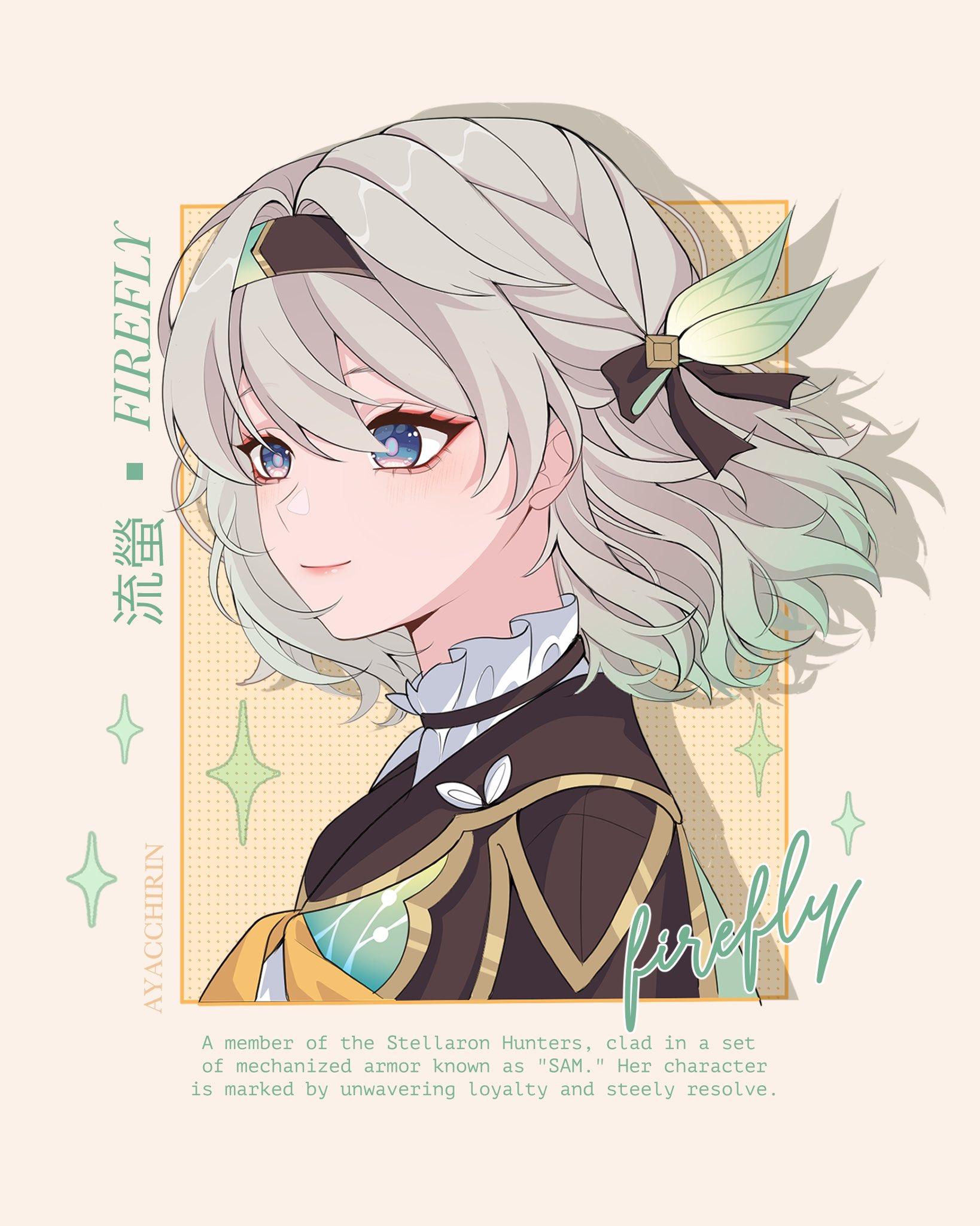 ayacchirin, firefly (honkai: star rail), honkai: star rail, honkai (series), commentary, english commentary, highres, 1girl, alternate hair length, alternate hairstyle, black bow, black hairband, black jacket, blue eyes, blue pupils, bow, character name, closed mouth, collar, english text, frilled collar, frills, gradient hair, green hair, grey hair, hair bow, hairband, jacket, multicolored hair, portrait, short hair, smile, solo, white collar, yellow background