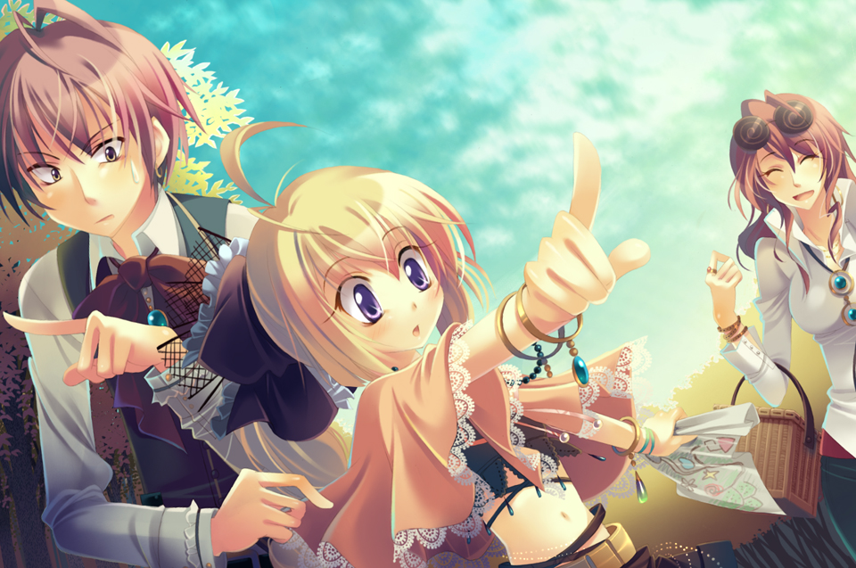 yamadori yoshitomo, ^ ^, ahoge, antenna hair, blonde hair, blouse, brown hair, capelet, closed eyes, day, gem, jewelry, lace-trimmed capelet, lace trim, lots of jewelry, midriff, outdoors, ribbon, shirt, short hair, white shirt