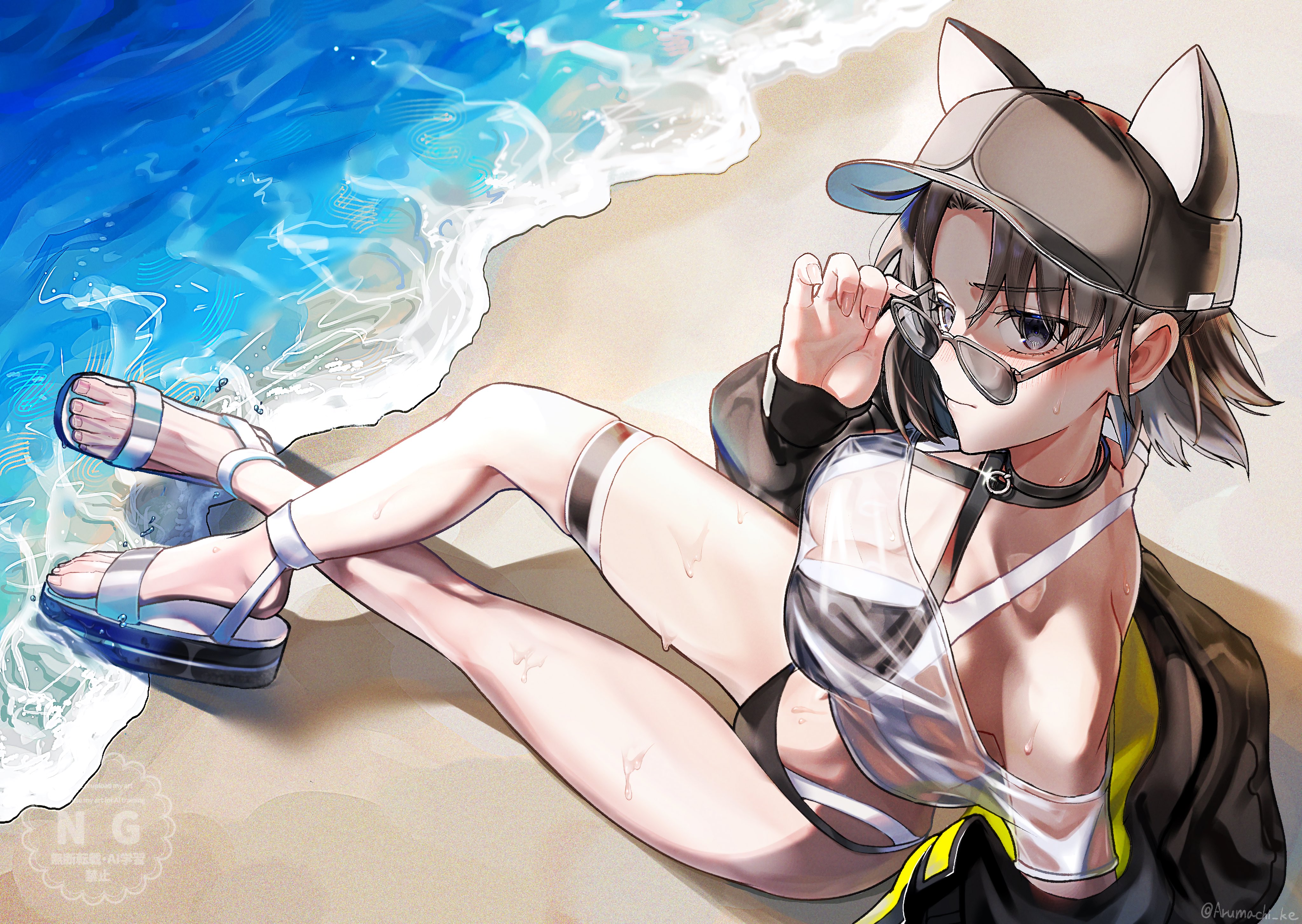 huo ting, ryougi shiki, ryougi shiki (swimsuit mooncancer) (first ascension), fate/grand order, fate (series), absurdres, highres, 1girl, adjusting eyewear, animal ear headwear, animal ears, bare back, bare shoulders, baseball cap, beach, bikini, black bikini, black choker, black eyes, black jacket, blush, bob cut, breasts, brown hair, brown hat, cat ears, choker, cleavage, criss-cross halter, crop top, fake animal ears, from above, halterneck, hand on eyewear, hat, highleg, highleg bikini, jacket, jacket partially removed, layered bikini, legs, looking at viewer, medium breasts, midriff, midriff peek, multicolored bikini, o-ring, o-ring choker, ocean, on floor, parted bangs, platform sandals, sand, sandals, see-through clothes, short hair, sidelocks, single bare leg, sitting, solo, sunglasses, sweat, sweatdrop, swimsuit, thigh strap, thighs, toes, two-tone bikini, water, water drop, wet, white bikini, white sandals