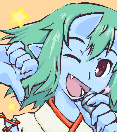 macross, macross frontier, bad id, bad twitter id, lowres, 1girl, blue oni, blue skin, colored skin, demon girl, fang, female focus, green hair, horns, microphone, oekaki, one eye closed, oni, parody, seikan hikou, solo, thumbs down, wink