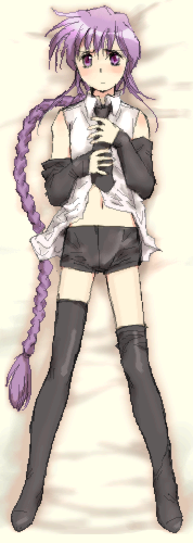 yagisaka seto, angelous lazward, sovereign (yagisaka seto), original, lowres, md5 mismatch, 1boy, braid, dakimakura (medium), full body, male focus, oekaki, purple hair, solo, thighhighs, trap