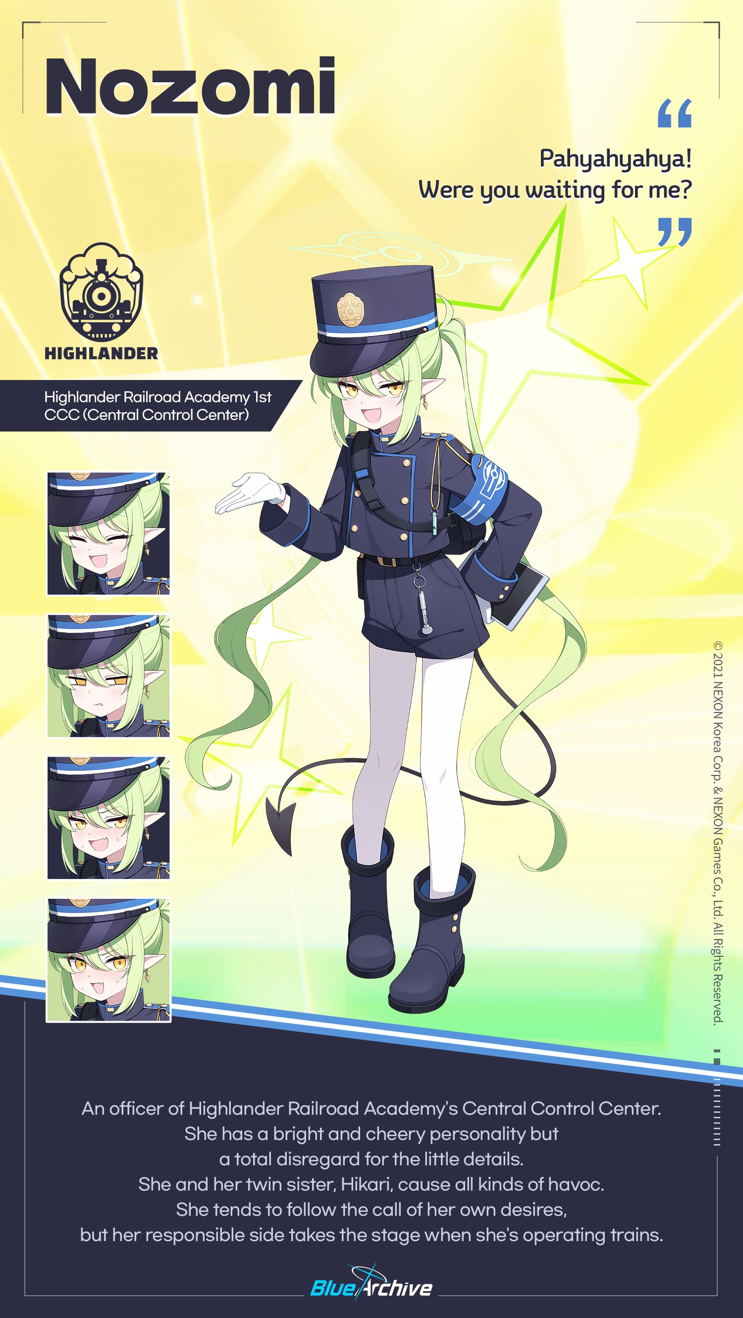 child (isoliya), nozomi (blue archive), blue archive, absurdres, commentary, english commentary, highres, official art, 1girl, :d, black boots, blue hat, blue jacket, blue shorts, blush, boots, buttons, closed eyes, demon tail, double-breasted, earrings, empty eyes, fang, full body, gloves, green hair, hair between eyes, hand on own hip, hat, highlander railway academy logo, jacket, jewelry, long hair, long sleeves, looking at viewer, multiple expressions, nose blush, open mouth, parted lips, peaked cap, pointy ears, shorts, sidelocks, skin fang, smile, standing, sweat, tail, twintails, very long hair, white gloves, yellow background, yellow eyes