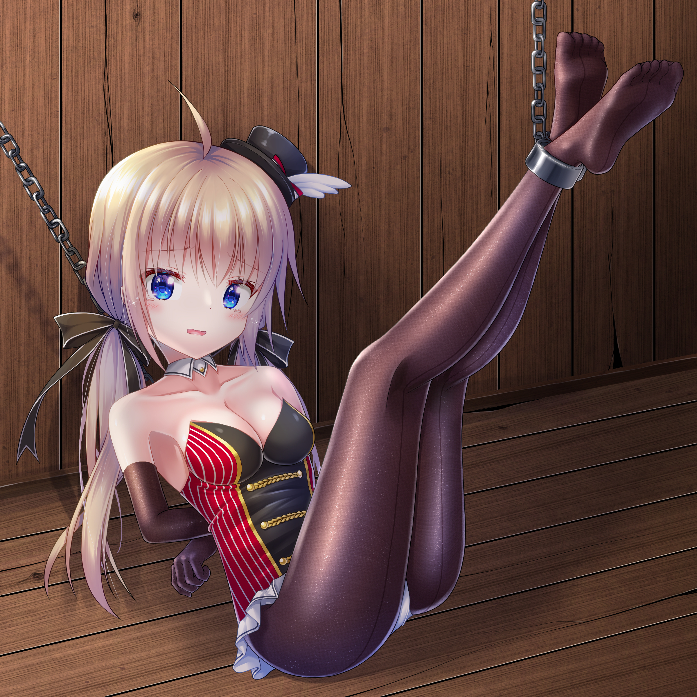 getsuyoshi, itsumura haruka, re:stage!, absurdres, commentary, highres, 1girl, ahoge, arms behind back, bdsm, black bow, black gloves, black hat, black pantyhose, blonde hair, blue eyes, bondage, bound, bow, breasts, chain, cleavage, collarbone, cuffs, detached collar, dot nose, elbow gloves, furrowed brow, gloves, hair bow, hat, legs up, leotard, long hair, looking at viewer, low twintails, magician, medium breasts, mini hat, no shoes, official alternate costume, on floor, open mouth, pantyhose, restrained, shackles, solo, strapless, strapless leotard, tears, tilted headwear, toes, twintails, wing hat ornament, wooden floor, wooden wall