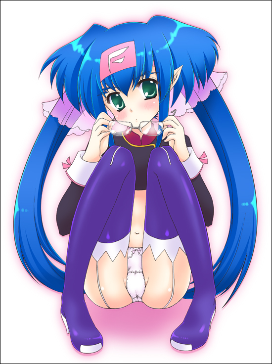 mika mikan, klan klein, macross, macross frontier, bad id, bad pixiv id, 00s, 1girl, boots, bow, bow panties, female focus, glasses, headband, long hair, midriff, panties, pointy ears, purple boots, solo, thighhighs, twintails, underwear, white panties