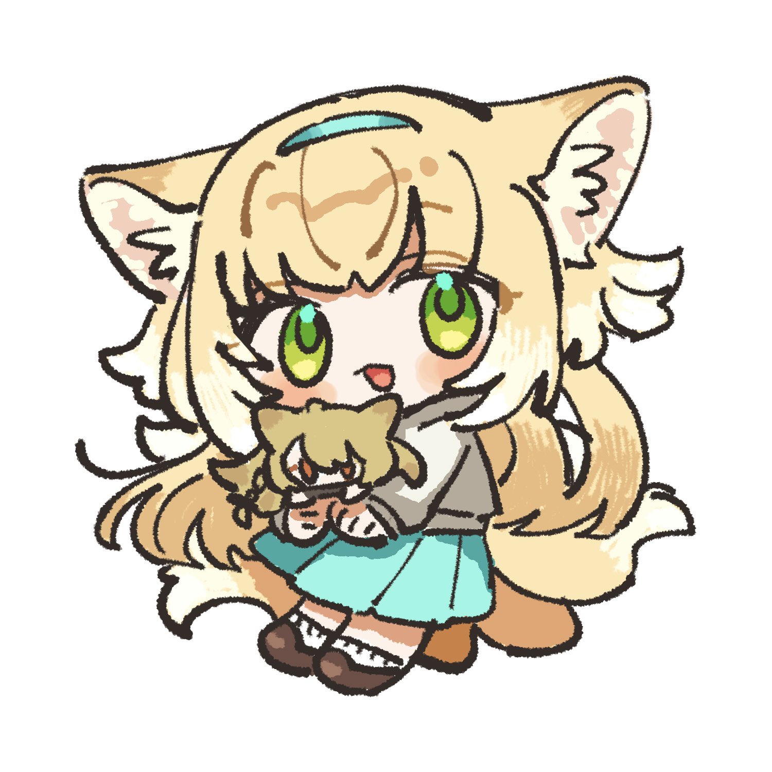 suzuran (arknights), vulpisfoglia (arknights), arknights, highres, 1girl, animal ears, aqua skirt, blonde hair, blue skirt, character doll, chibi, doll, fox ears, fox girl, fox tail, full body, green eyes, hairband, kepi 0331, kitsune, long hair, multicolored hair, official alternate costume, simple background, skirt, socks, solo, tail, white background, white hair, white socks