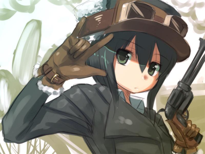 kakaon, kino (kino no tabi), ranka lee, kino no tabi, macross, macross frontier, bad id, bad pixiv id, 1girl, androgynous, black hair, coat, female focus, fur hat, gloves, goggles, green eyes, gun, handgun, hat, m/, parody, pistol, reverse trap, revolver, seikan hikou, short hair, solo, weapon