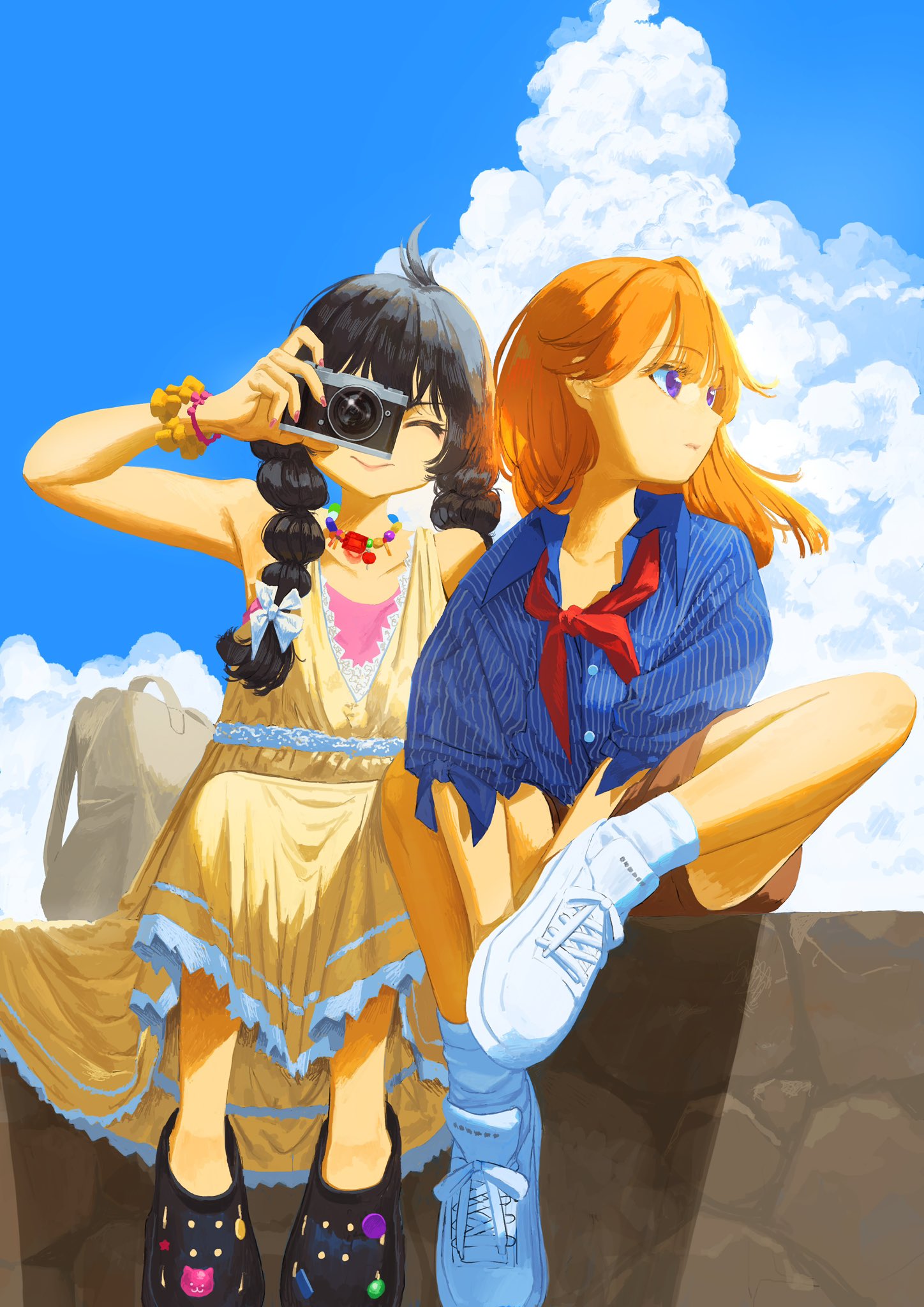 sakuraop, matoba risa, yuuki haru, idolmaster, idolmaster cinderella girls, commentary, highres, 2girls, arms between legs, bead necklace, beads, black hair, black shoes, blue shirt, blue sky, bracelet, braid, brown bag, brown shorts, buttons, camera, closed eyes, closed mouth, cloud, cloudy sky, collarbone, collared shirt, cowlick, crocs, day, dress, dress shirt, facing viewer, figure four sitting, full body, hair half over shoulder, hair ribbon, hand up, holding, holding camera, jewelry, lace, lace-trimmed dress, lace trim, long dress, long hair, looking to the side, multiple bracelets, multiple girls, neckerchief, necklace, on rock, one eye covered, orange hair, outdoors, pink nails, pink shirt, pinstripe pattern, pinstripe shirt, purple eyes, red neckerchief, ribbon, shirt, shoes, short sleeves, shorts, sitting, sky, sleeveless, sleeveless dress, sleeves rolled up, smile, sneakers, socks, sparkle, taking picture, twin braids, white ribbon, white shoes, white socks, yellow dress