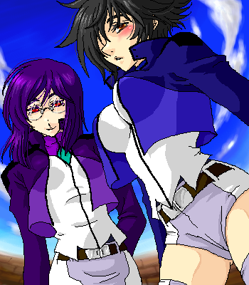 setsuna f. seiei, tieria erde, gundam, gundam 00, lowres, 00s, 2girls, genderswap, genderswap (mtf), glasses, multiple girls, oekaki, thighhighs