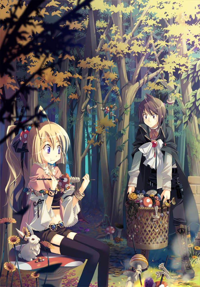yamadori yoshitomo, bad id, bad pixiv id, ahoge, black thighhighs, blonde hair, brown hair, eating, food, long hair, mappi (artist), mushroom, ponytail, rabbit, ribbon, short hair, shorts, socks, thighhighs