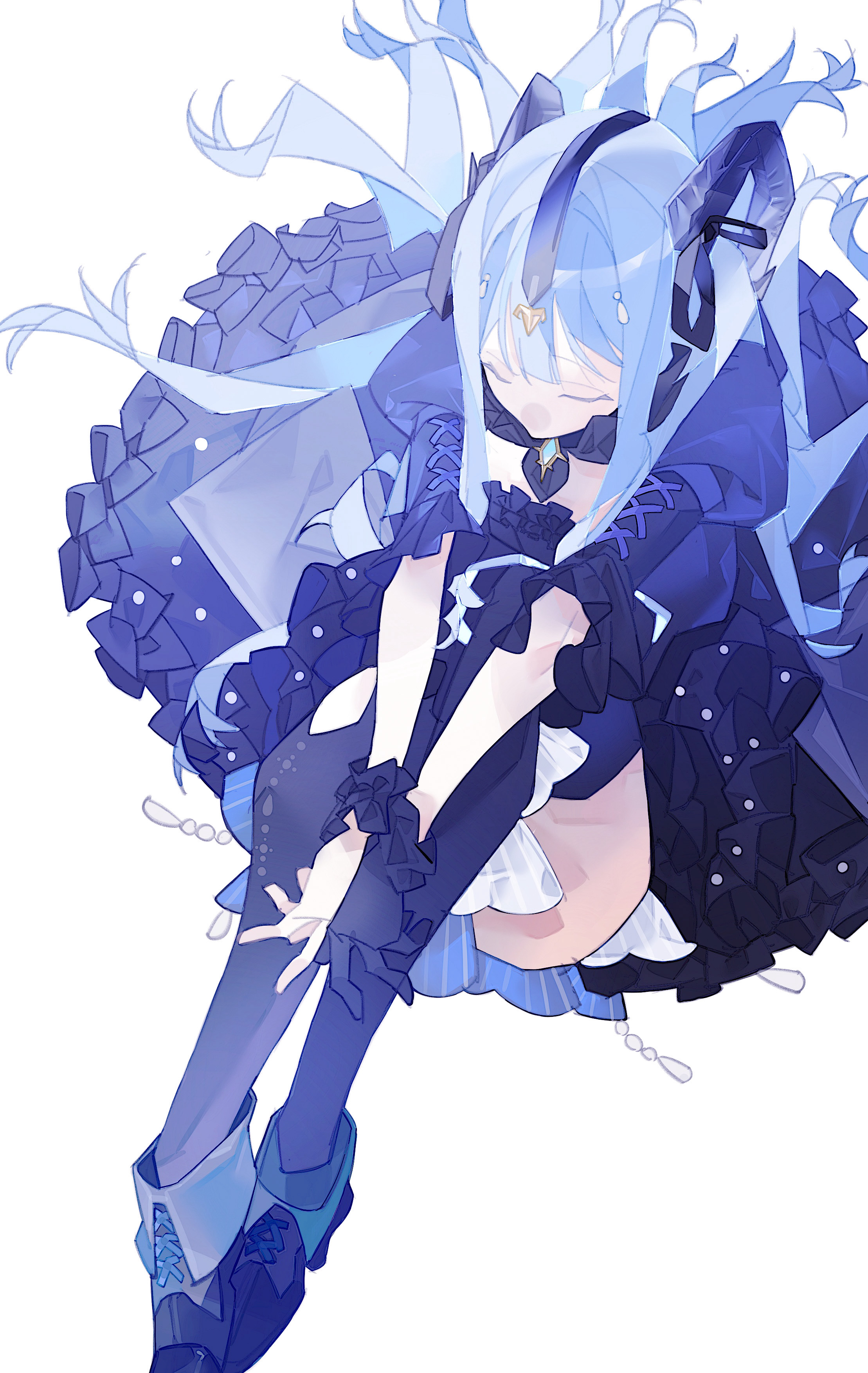 togawa sakiko, togawa sakiko (master of melodia), arknights, bang dream!, bang dream! it's mygo!!!!!, absurdres, highres, 1girl, black boots, black dress, black gloves, black horns, black ribbon, blue hair, boots, closed eyes, curled horns, detached collar, dress, frilled dress, frills, from above, full body, gloves, hair ribbon, horns, knees up, long hair, mo yaooo, own hands together, ribbon, sidelocks, simple background, single glove, sitting, solo, two side up, white background, wrist cuffs