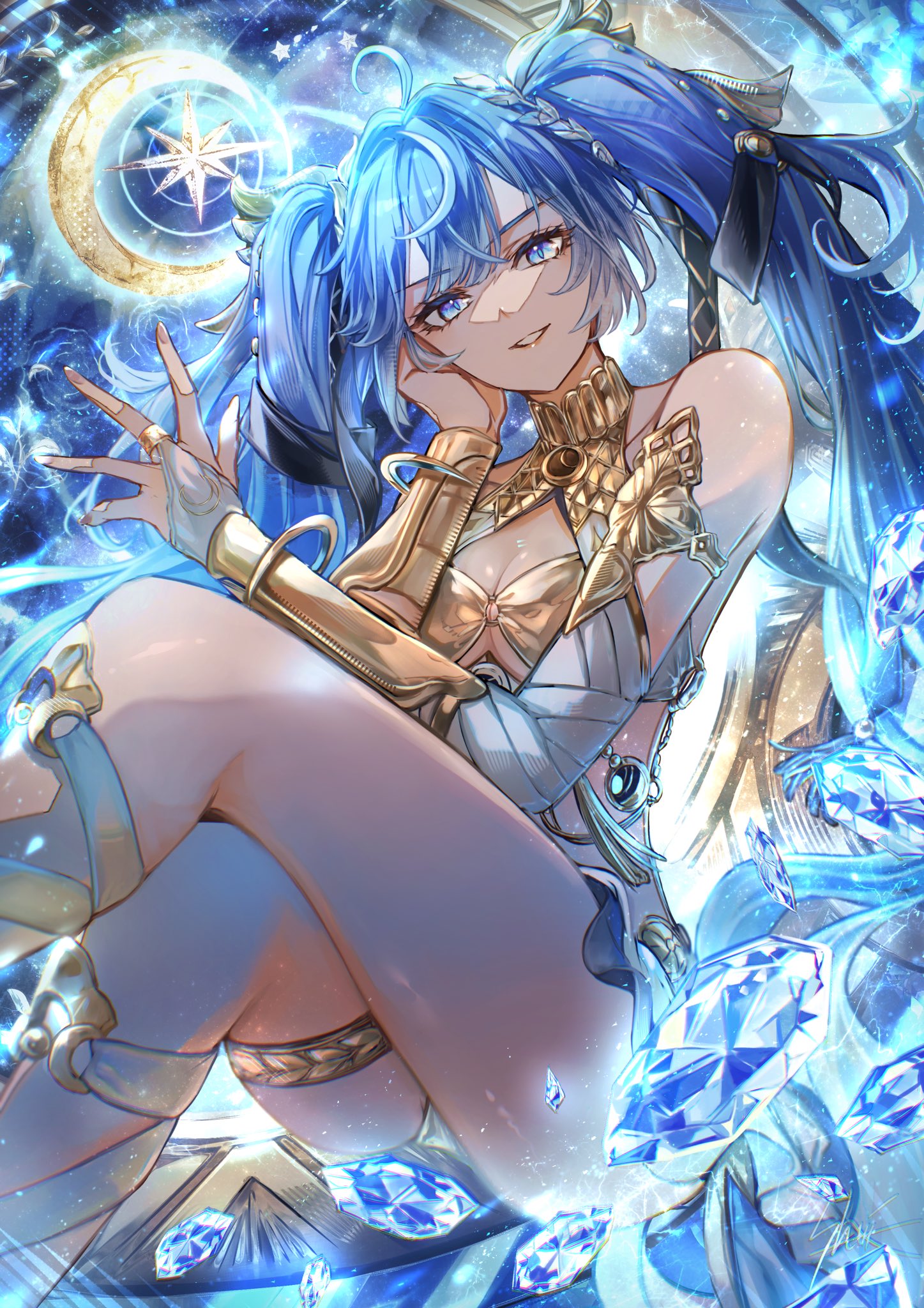 yoru shiki, iuno (wuthering waves), wuthering waves, commentary, highres, 1girl, ahoge, armlet, bare shoulders, blue eyes, blue hair, breasts, bridal gauntlets, cleavage, crystal, feet out of frame, gold bra, hair belt, head wreath, jewelry, long hair, looking at viewer, medium breasts, multicolored hair, parted lips, single bridal gauntlet, sitting, smile, solo, streaked hair, thighlet, thighs, twintails, very long hair, white bridal gauntlets