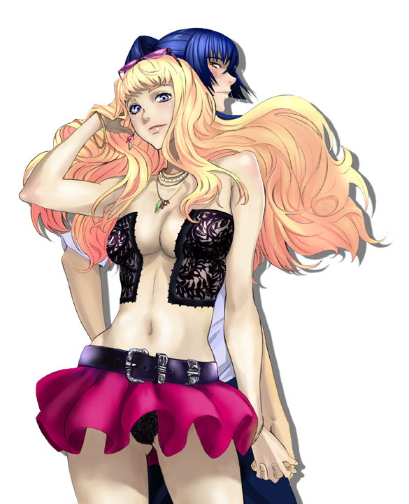 nekoi mie, saotome alto, sheryl nome, macross, macross frontier, 00s, 1boy, 1girl, blonde hair, blue eyes, blue hair, breasts, cleavage, long hair, midriff, miniskirt, panties, simple background, skirt, underwear