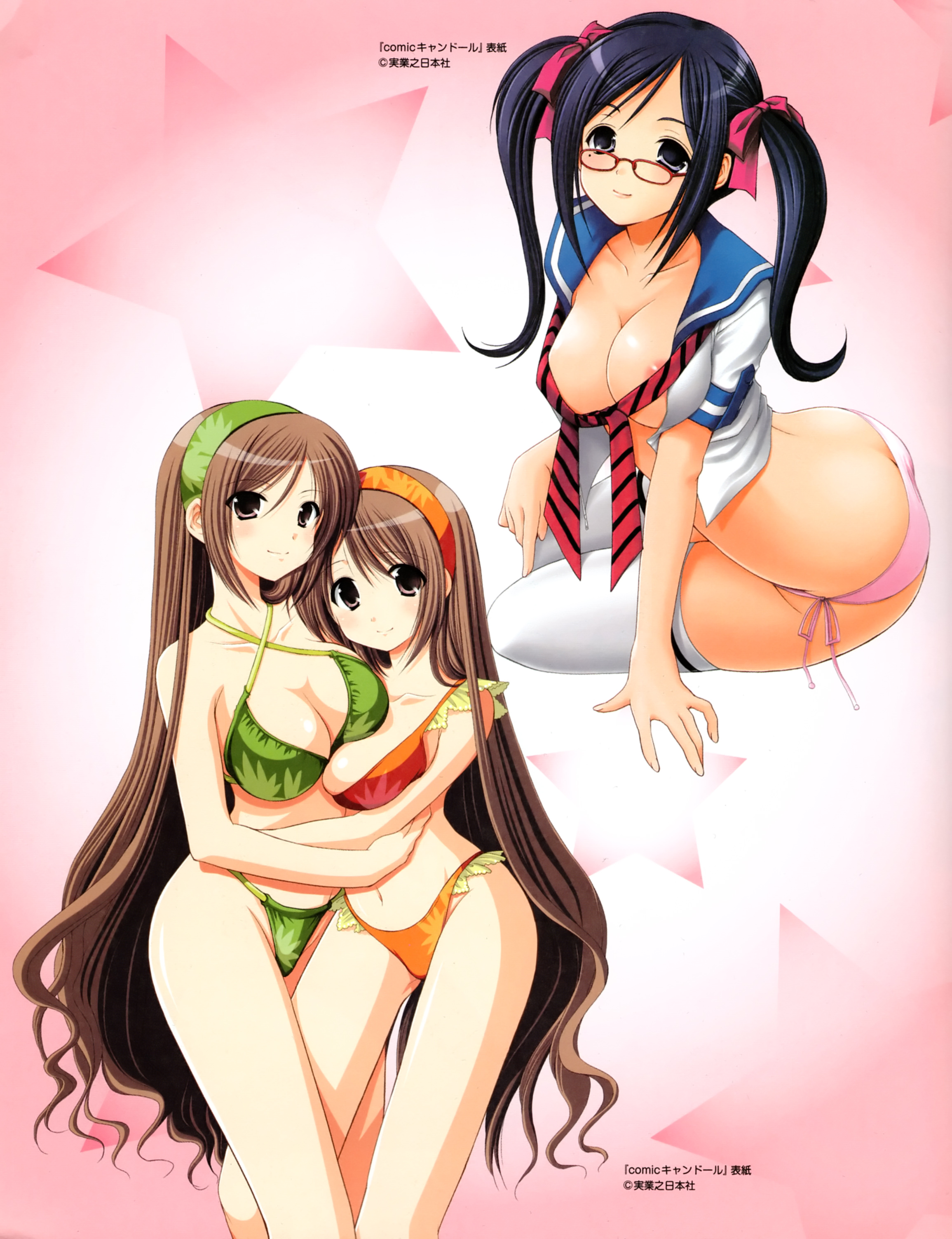 azuma yuki, original, highleg swimsuit, absurdres, highres, 3girls, areola slip, arm support, bikini, breast press, breasts, brown eyes, brown hair, cleavage, glasses, green bikini, green panties, hairband, highleg, highleg panties, large breasts, leg between thighs, long hair, looking at viewer, mole, mole under eye, multiple girls, nipple slip, nipples, open clothes, orange bikini, panties, pink panties, purple hair, school uniform, side-tie panties, sitting, star (symbol), swimsuit, thighhighs, twintails, underwear, very long hair, yellow panties, yokozuwari