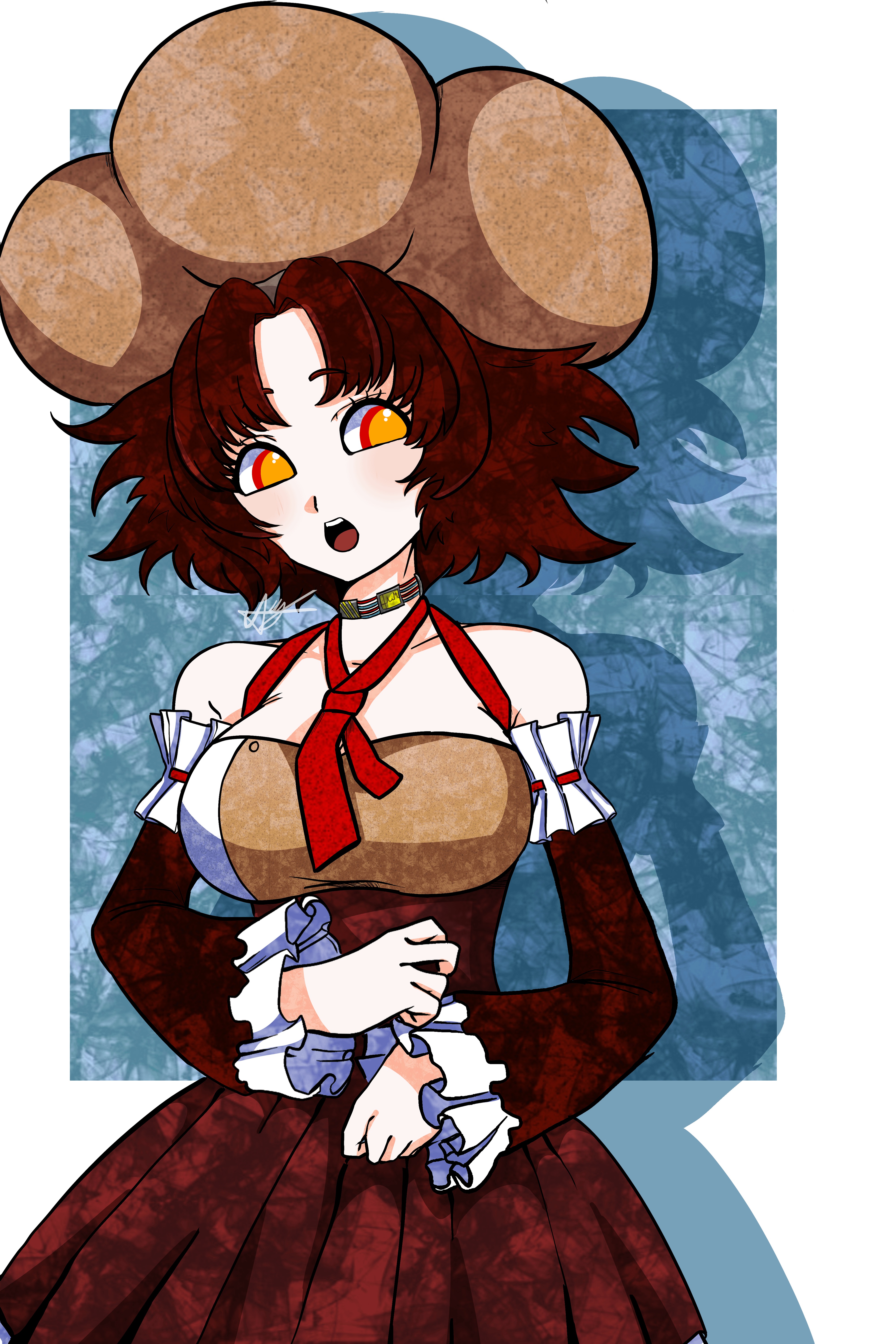 tsurugi mai, kimi ga shine, absurdres, commentary, english commentary, highres, 1girl, bare shoulders, blush, breasts, brown dress, brown hair, collar, detached sleeves, dress, frilled sleeves, frills, halterneck, hat, kirimo yt, large breasts, medium hair, no pupils, official style, open mouth, orange eyes, signature, solo