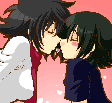 allelujah haptism, setsuna f. seiei, gundam, gundam 00, lowres, 00s, 1boy, 1girl, genderswap, genderswap (mtf), heart, oekaki, scarf