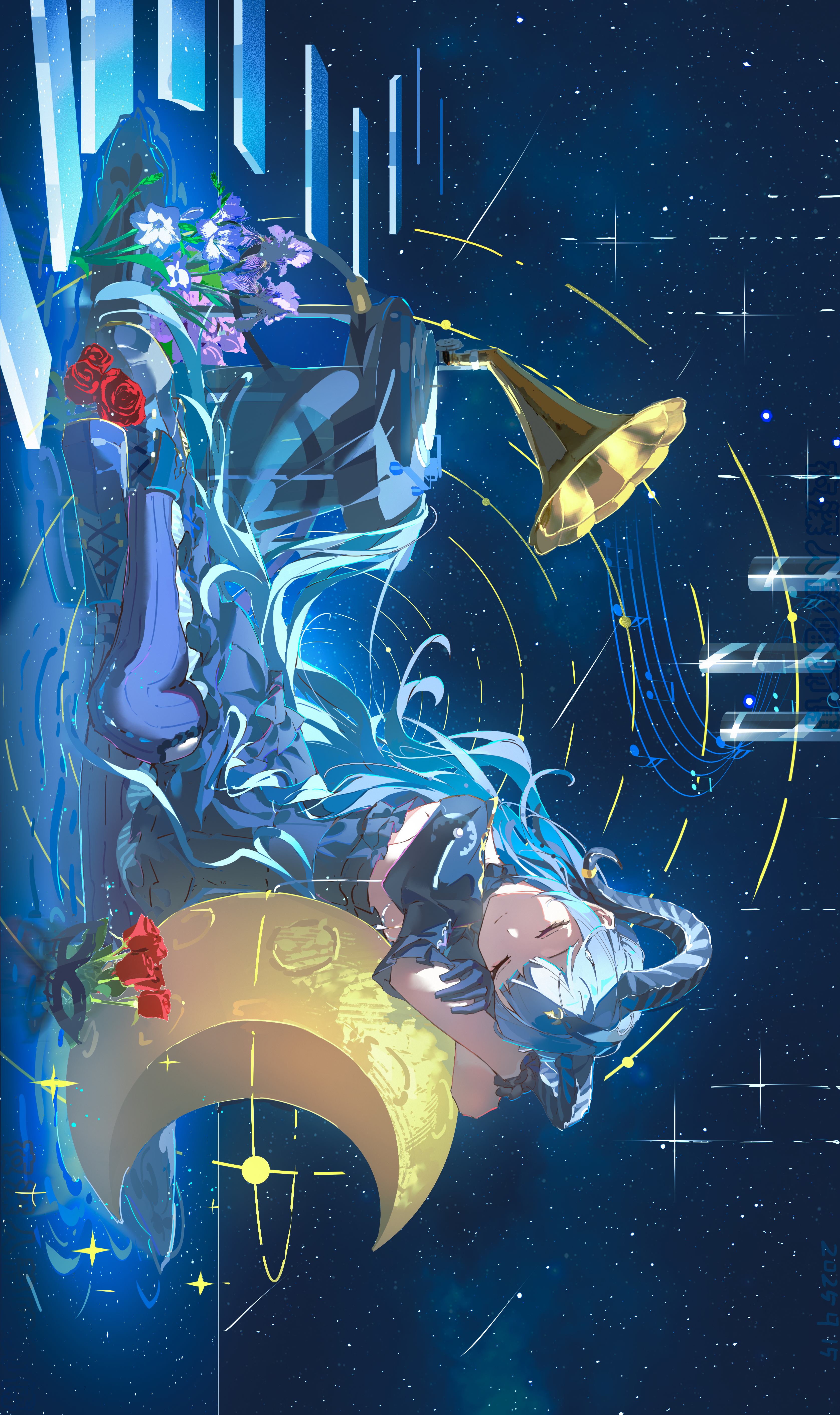 togawa sakiko, togawa sakiko (master of melodia), arknights, bang dream!, bang dream! it's mygo!!!!!, absurdres, chinese commentary, commentary request, highres, 1girl, black boots, black dress, black horns, black ribbon, blue background, blue flower, blue hair, boots, closed eyes, closed mouth, crescent, curled horns, dress, floating stairs, flower, frilled dress, frills, full body, horns, leaning on object, long hair, mask, musical note, musical staff, phonograph, purple flower, red flower, red rose, ribbon, ripples, rose, sidelocks, sideways, sitting on water, sky, solo, sparkle, star (sky), starry sky, two side up, unworn mask, water, yeshenrenjing miao shifu