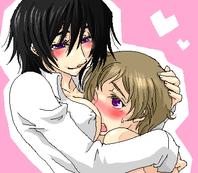 lelouch vi britannia, luluko, rolo lamperouge, code geass, artist request, lowres, 00s, 1boy, 1girl, breast smother, genderswap, genderswap (mtf), hetero, hug, oekaki