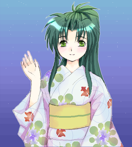 yagisaka seto, jochuu-san, original, lowres, 1girl, female focus, green hair, japanese clothes, kimono, oekaki, solo