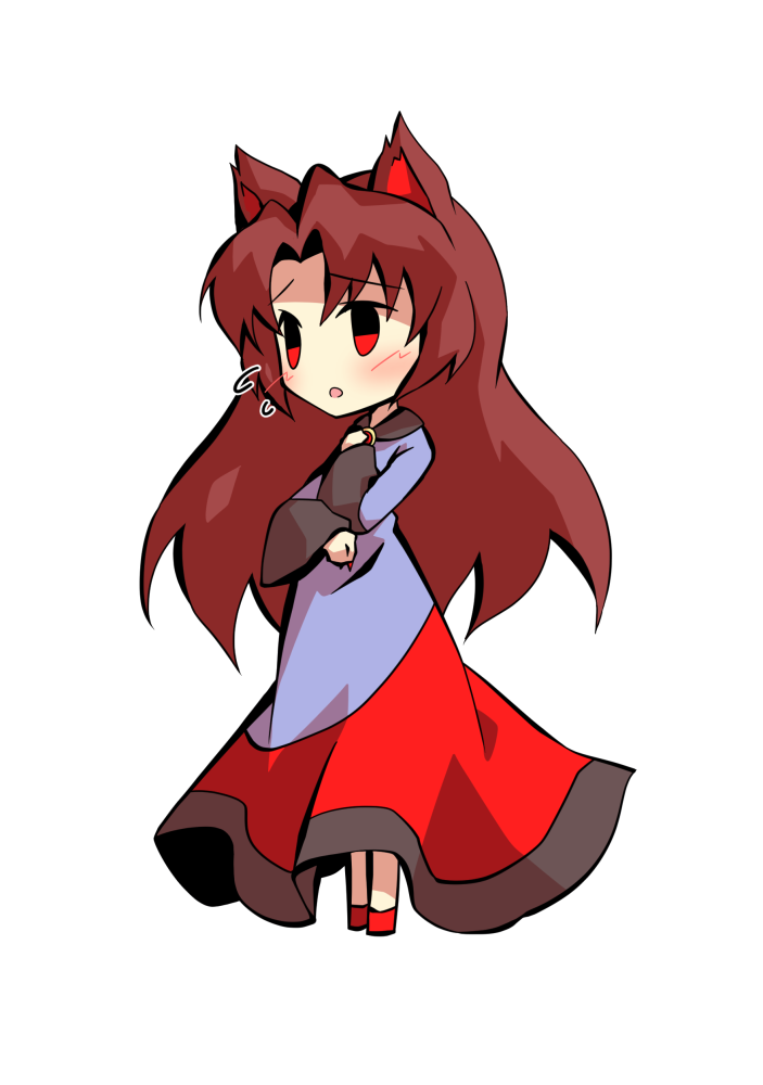dairi, imaizumi kagerou, touhou, commentary request, large variant set, variant set, 1girl, animal ears, black dress, blush, boots, brown hair, deformed, dress, flying sweatdrops, full body, hands up, long dress, long hair, looking ahead, multicolored dress, open mouth, red boots, red brooch, red dress, simple background, solo, spiral, standing, sweatdrop, tachi-e, transparent background, white dress, wolf ears, wolf girl