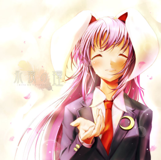 scarlet (studioscr), reisen udongein inaba, touhou, duplicate, 1girl, animal ears, closed eyes, female focus, long hair, necktie, petals, purple hair, rabbit ears, red necktie, solo