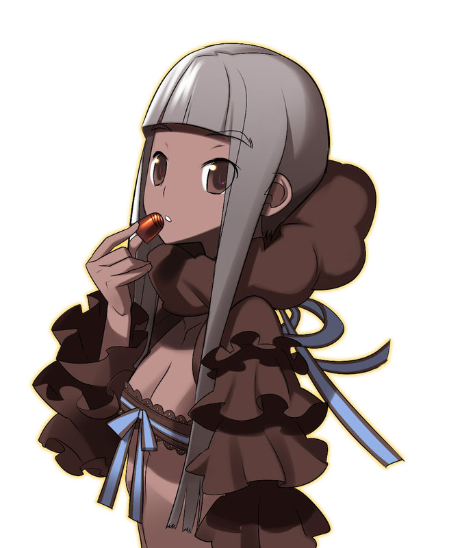 silver hair, tagme, brown eyes, chocolate, dark-skinned female, dark skin, eating, solo