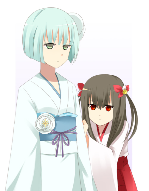 mir (artist), 2girls, hakama, hakama skirt, japanese clothes, kimono, miko, multiple girls, red hakama, skirt