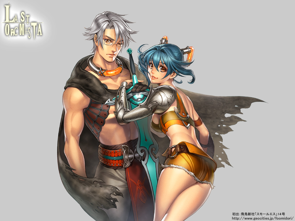 midori foo, 1boy, 1girl, blue hair, breasts, fantasy, medium breasts, sideboob