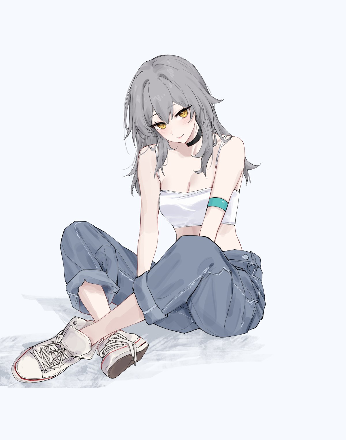 feint721, stelle (honkai: star rail), trailblazer (honkai: star rail), honkai: star rail, honkai (series), commentary, english commentary, highres, 1girl, alternate costume, arm strap, bare shoulders, black choker, blush, breasts, choker, cleavage, closed mouth, collarbone, crop top, grey hair, grey pants, long hair, looking at viewer, medium breasts, no socks, pants, shirt, shoes, smile, solo, white shirt, white shoes, yellow eyes