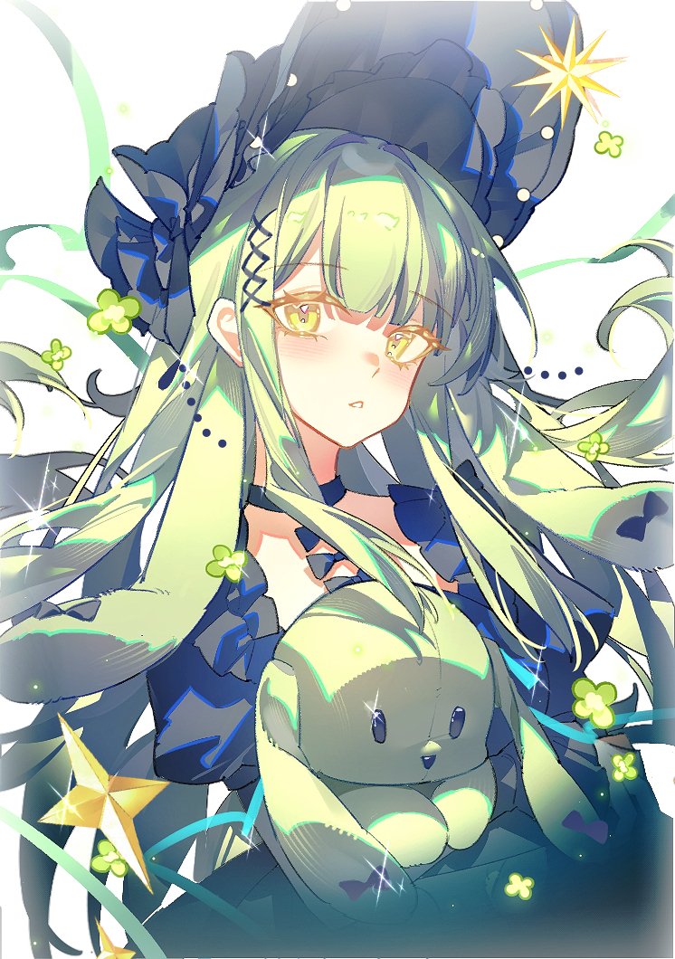 lai dou laile 555, wakaba mutsumi, wakaba mutsumi (marionette's id), arknights, bang dream!, bang dream! it's mygo!!!!!, 1girl, animal ears, black bonnet, black choker, black dress, blunt bangs, bonnet, choker, dress, floppy ears, flower, gothic lolita, green flower, green hair, hair ornament, holding, holding stuffed toy, lolita fashion, long hair, looking at viewer, rabbit ears, rabbit girl, sidelocks, solo, sparkle, stuffed animal, stuffed rabbit, stuffed toy, upper body, white background, x hair ornament, yellow eyes