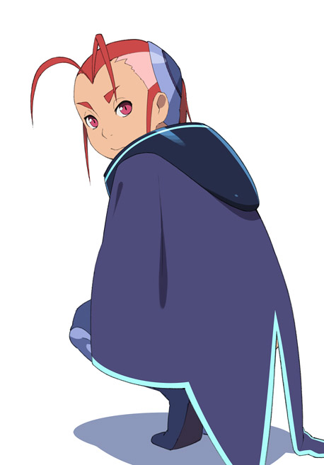 go robots, capella titis, tetsuwan birdy, tetsuwan birdy decode, 00s, ahoge, antenna hair, cape, red eyes, red hair, short hair, solo, squatting