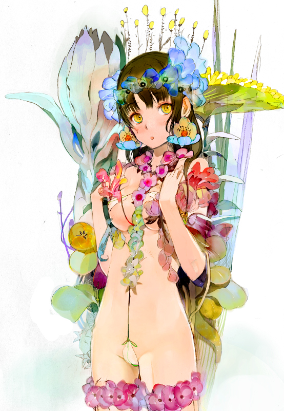 okama, original, 1girl, black hair, blunt bangs, blush, female focus, flower, frilled thigh strap, frills, green eyes, head tilt, long hair, looking at viewer, nude, simple background, solo, standing, thigh strap, very long hair, white background