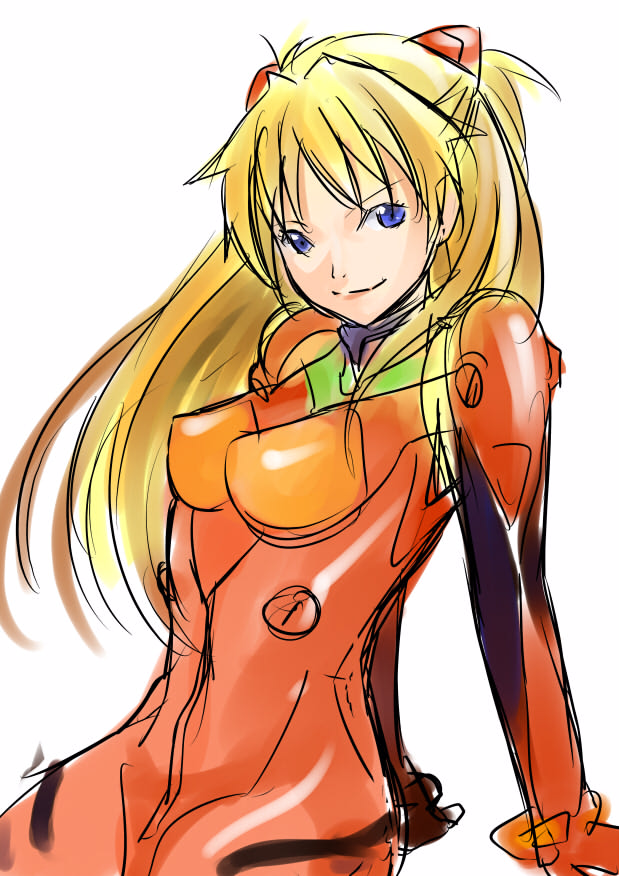 tonbo, souryuu asuka langley, neon genesis evangelion, blonde hair, blue eyes, bracer, cowboy shot, from side, invisible chair, long hair, mecha pilot suit, parted bangs, plugsuit (evangelion), simple background, sitting, sketch, solo, two side up, white background