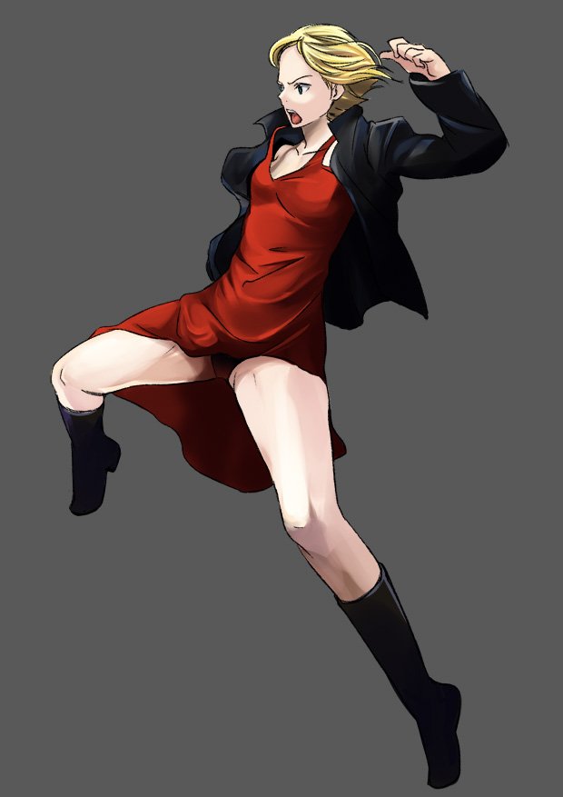 tonbo, alice (resident evil), resident evil, resident evil (movie), 1girl, blonde hair, boots, dress, female focus, jacket, panties, pantyshot, red dress, red panties, red skirt, skirt, solo, underwear