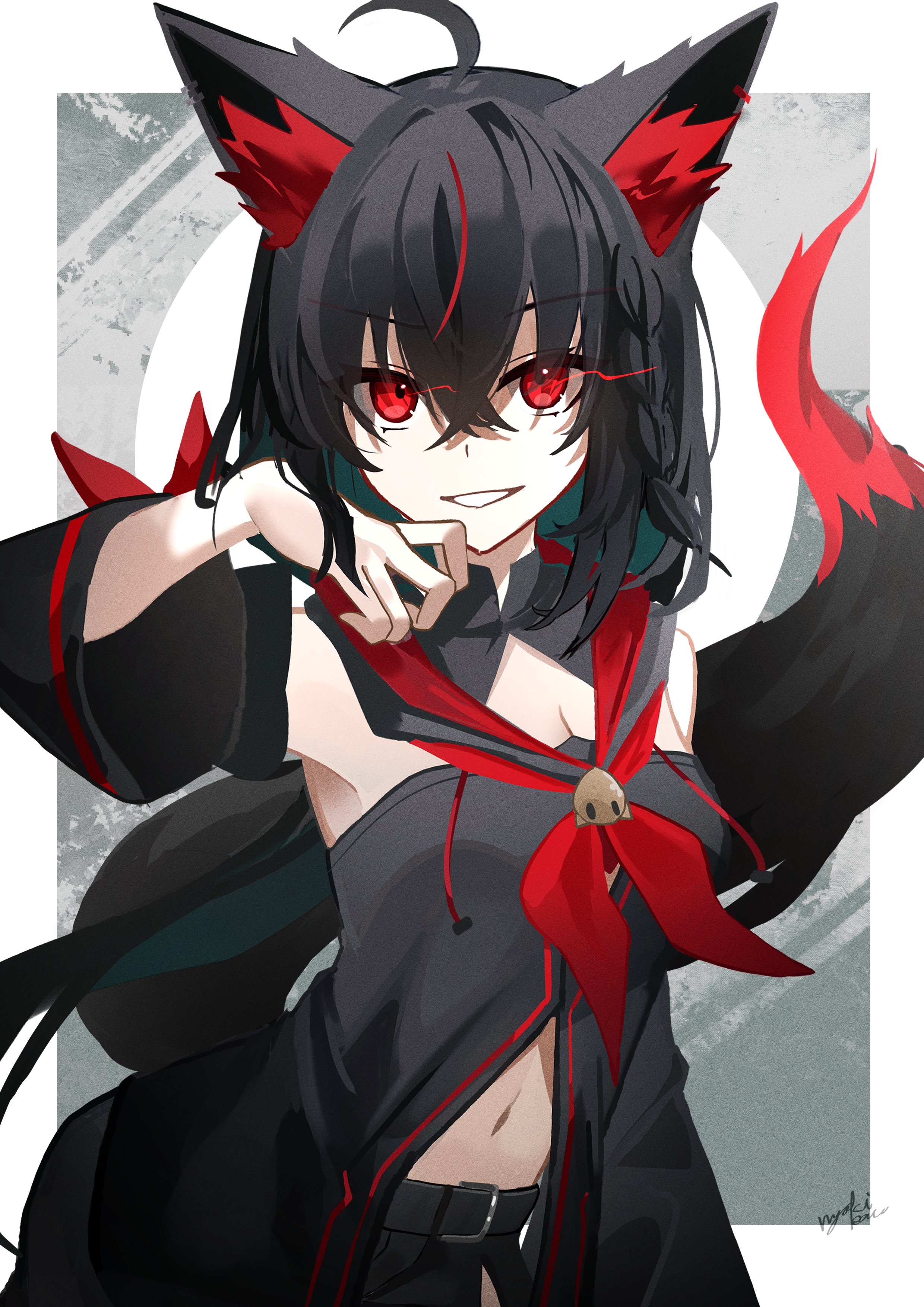 nyokisan, kurokami fubuki, hololive, absurdres, highres, 1girl, animal ears, bare shoulders, black hair, black tail, fox ears, fox girl, fox tail, hair between eyes, long hair, navel, red eyes, red tail, solo, tail, two-tone tail, white background